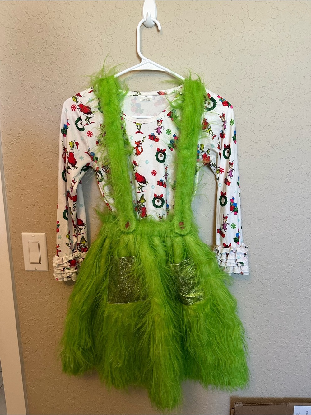 Grinch Cindy Lou Green Fuzzy Suspender Kids Costume Dress
